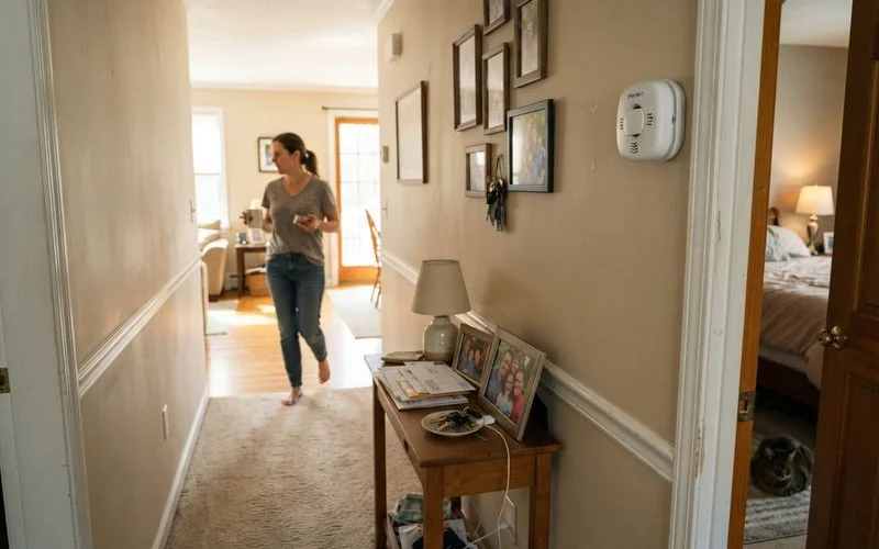 A carbon monoxide detector mounted on a hallway wall near a bedroom in a Connecticut home