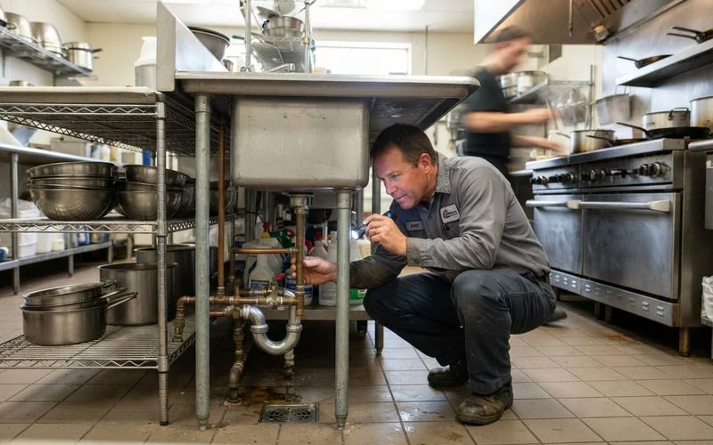 A commercial plumber inspecting pipework in the back-of-house area of a Hartford restaurant kitchen