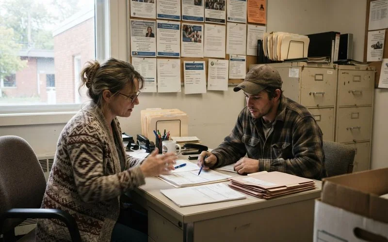 A community assistance office helping a homeowner review home repair assistance program paperwork