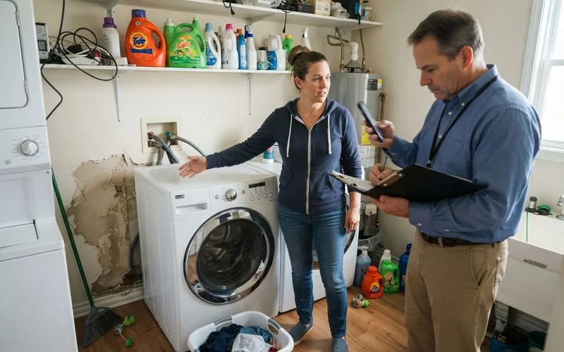 A homeowner and insurance adjuster reviewing water damage from a plumbing leak in a hallway