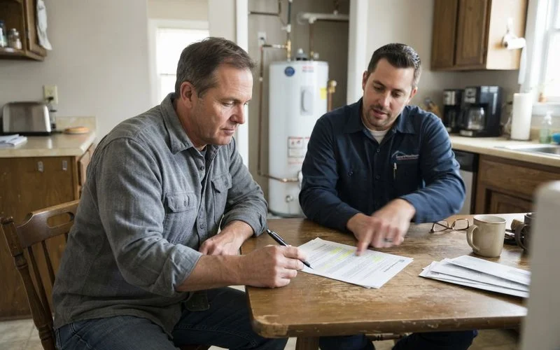 A homeowner reviewing water heater financing paperwork with a plumber at the kitchen table