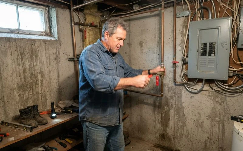 A homeowner turning off a main water shutoff valve in a basement utility area during a plumbing emergency