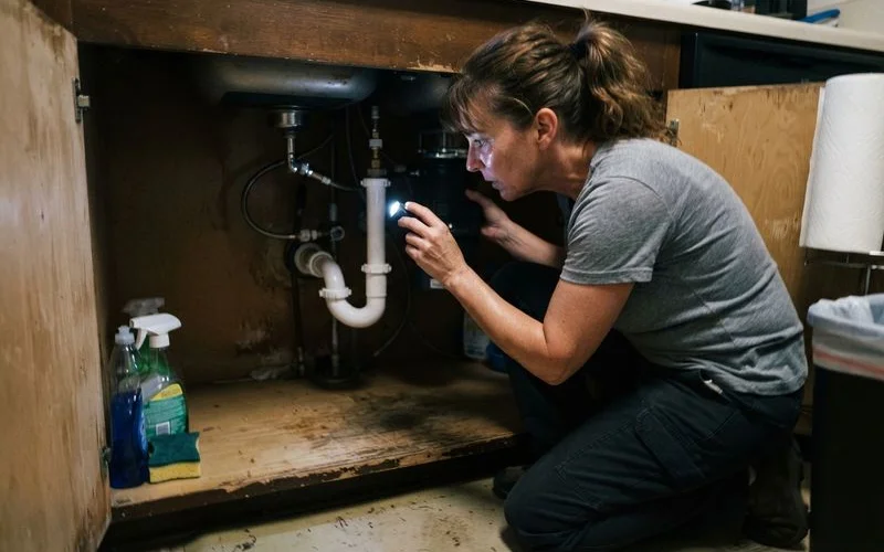 A home inspector checking under a bathroom sink for leaks and water damage before a home sale