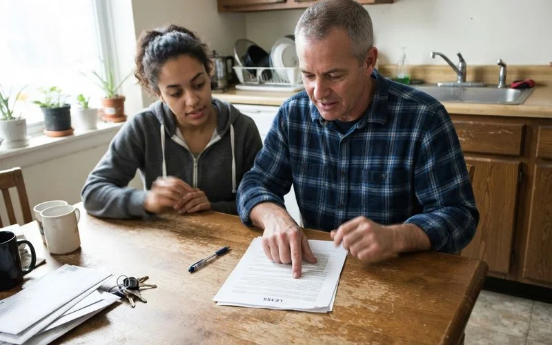 A landlord and tenant reviewing a lease agreement discussing plumbing repair responsibility