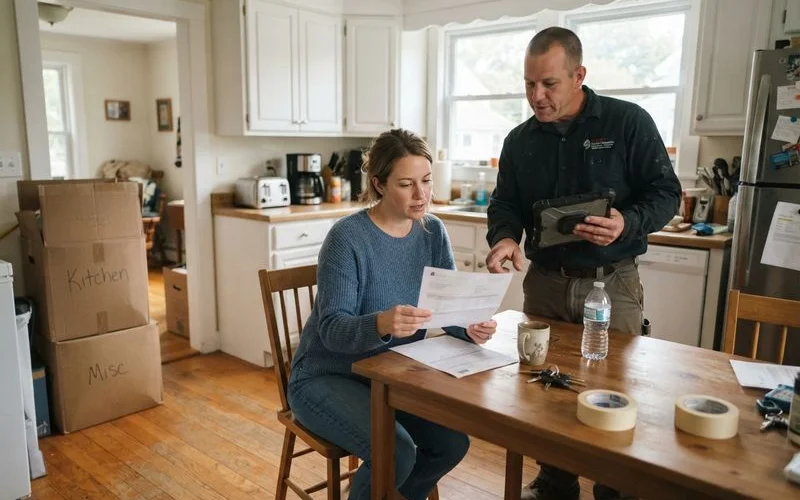A new homeowner meeting with a licensed plumber to review a written repair estimate