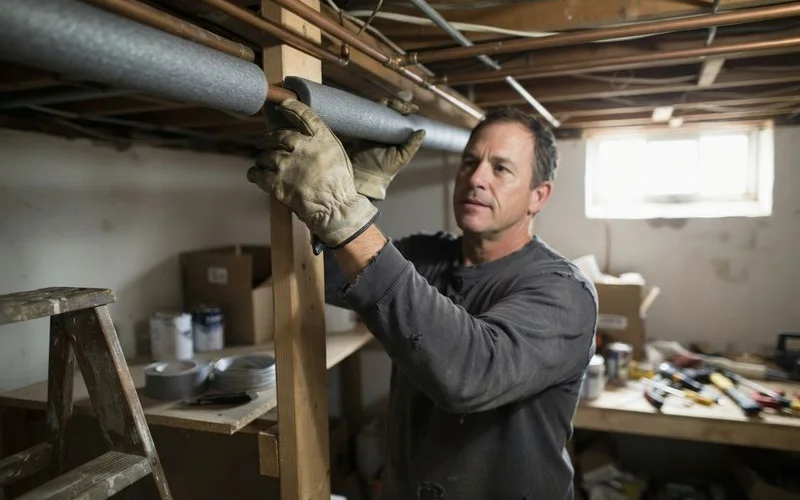 Pipe insulation sleeves being installed around exposed water pipes in a basement before winter