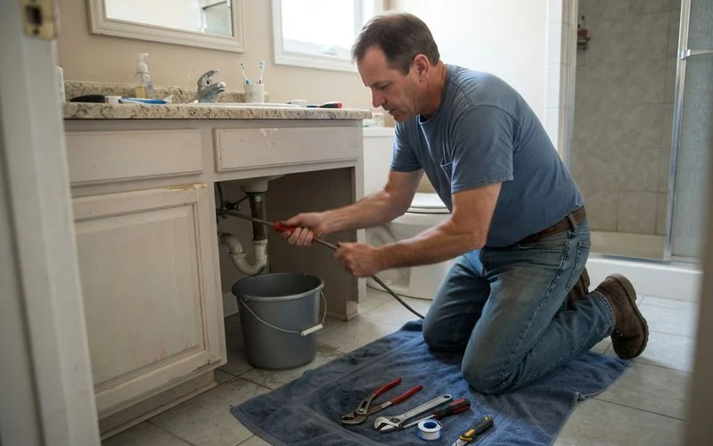 A plumber using a drain snake to clear a clogged pipe under a kitchen sink