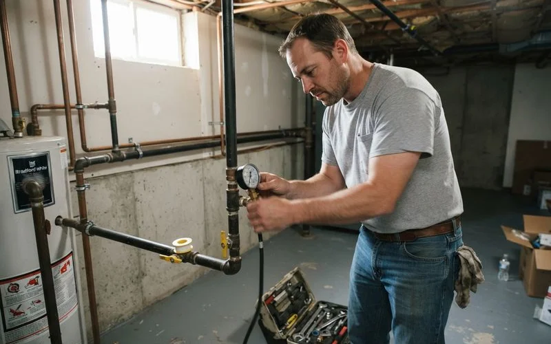 A licensed plumber performing a pressure test on a newly installed gas line before an inspection