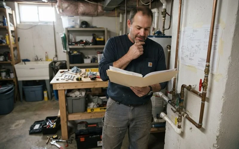 A licensed plumber reviewing a permit document alongside plumbing plans at a job site