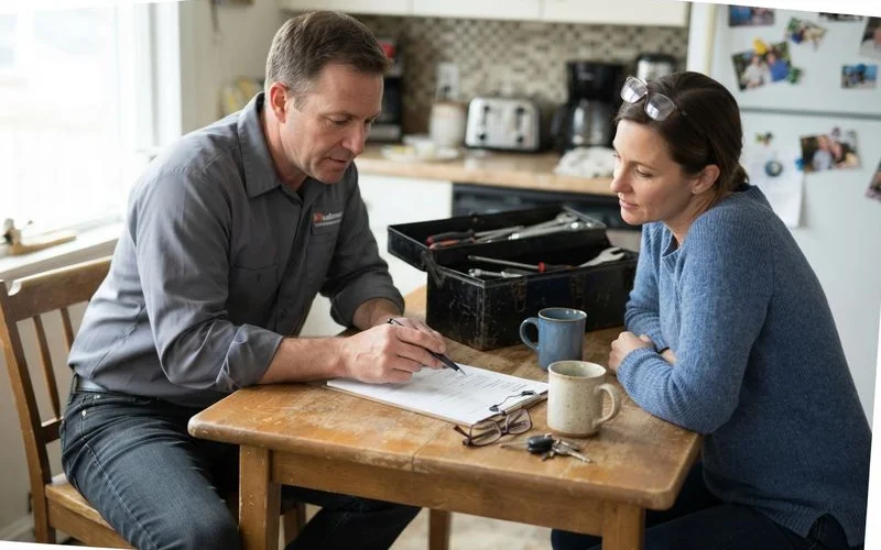 A licensed plumber reviewing a written repair estimate with a homeowner in a Connecticut kitchen, pointing at a clipboard