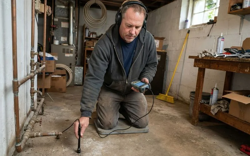 A plumber using acoustic leak detection equipment to locate a hidden pipe leak behind a wall