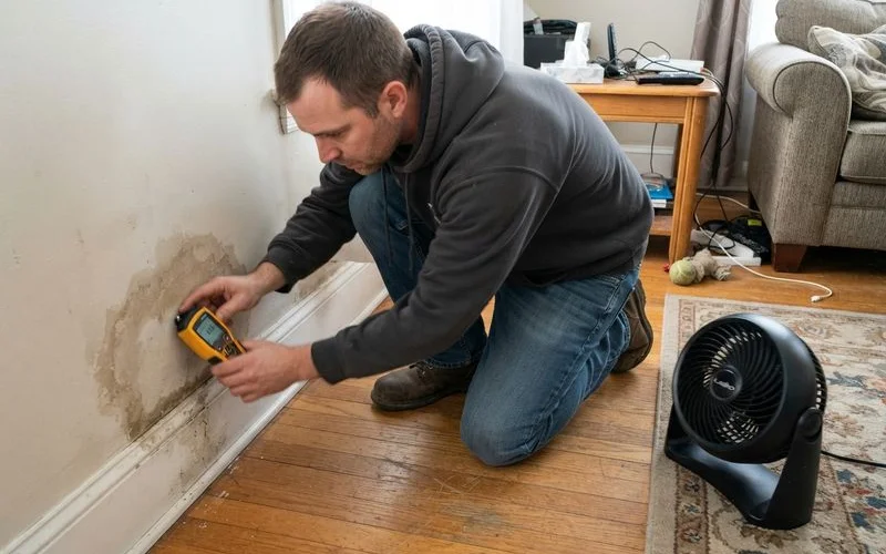 A water damage restoration technician using a moisture meter to check a wall after a plumbing leak