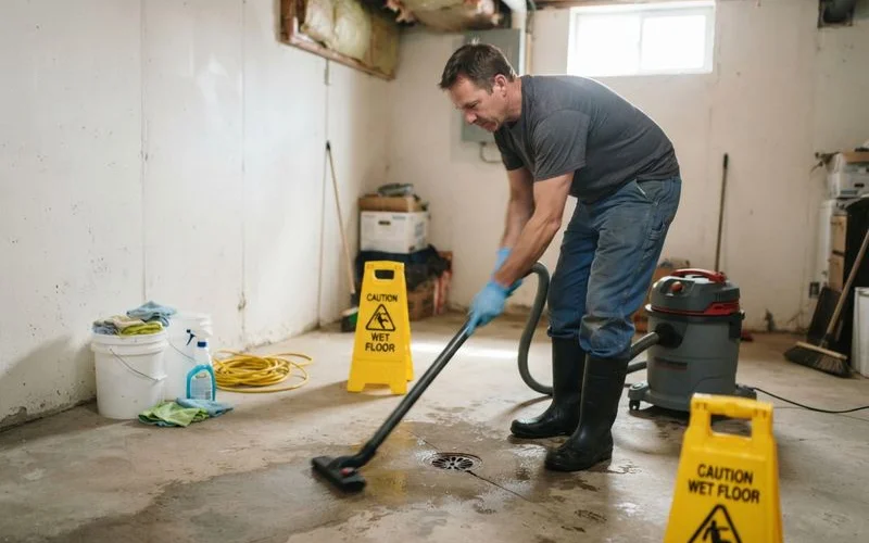 A technician in protective gear cleaning up after a sewage backup in a residential basement