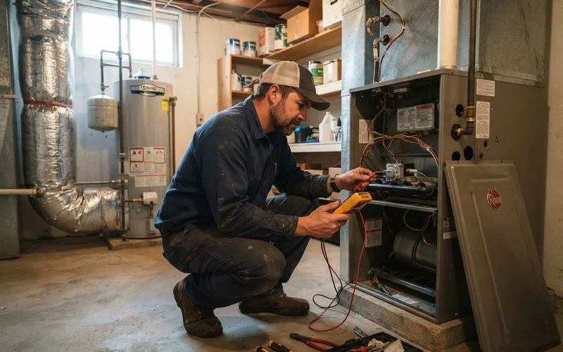 A technician inspecting the interior components of a residential furnace during a repair visit