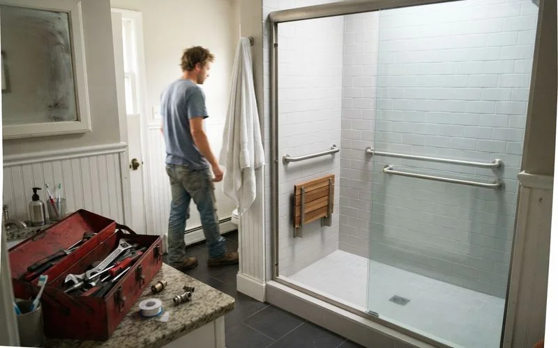 A renovated walk-in shower with grab bars and a built-in bench designed for aging-in-place safety